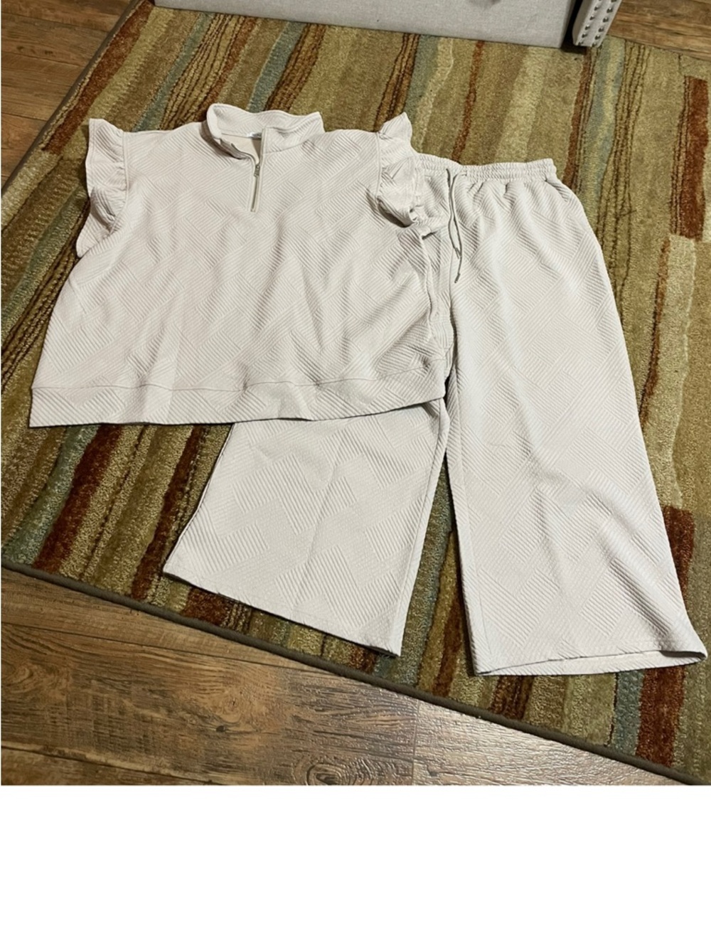 Double Take Textured Half Zip Set 3XL wide leg pants and Ruffle sleeve top beige